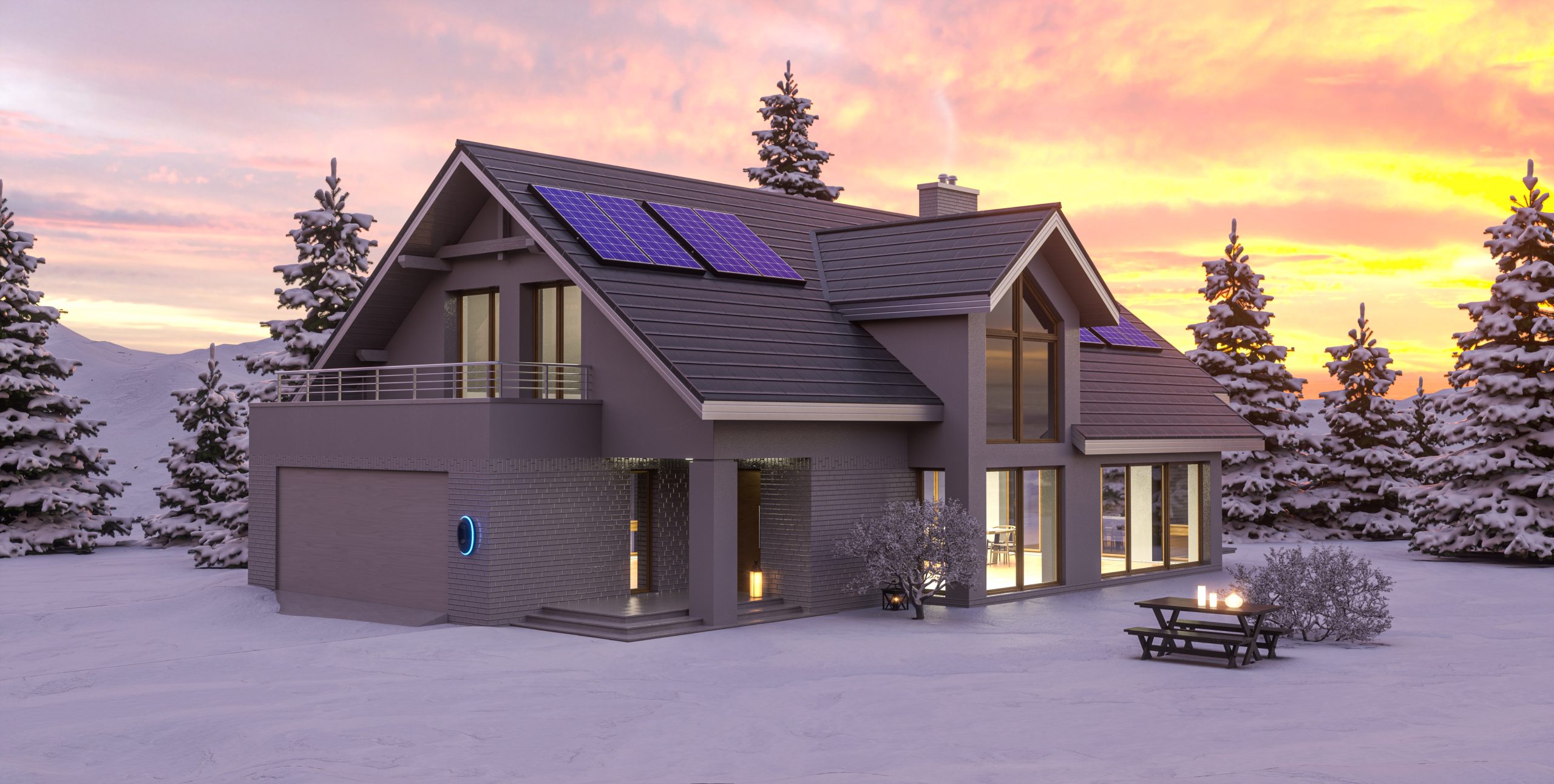 Snow covered house with solar lights 