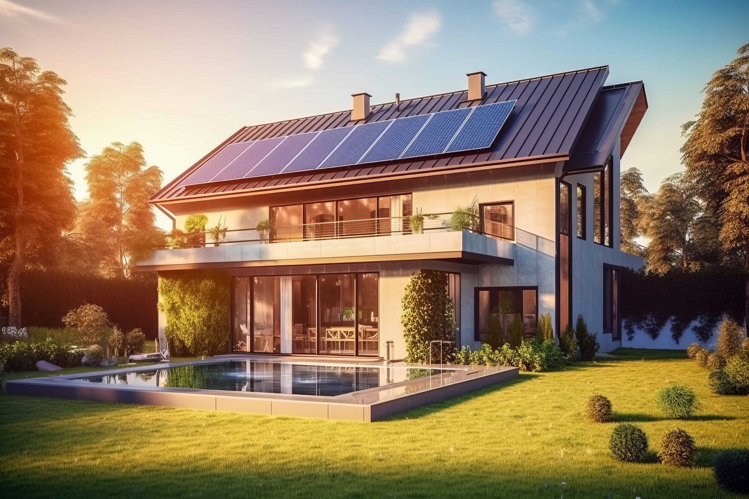 Modern family home with solar panels on roof at dawn