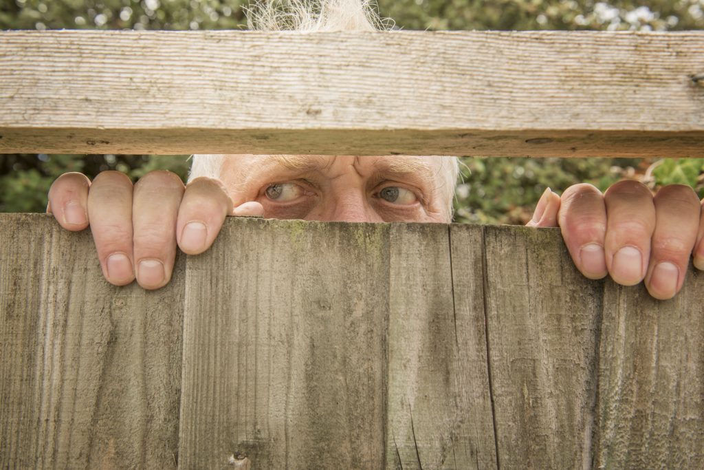 Neighbour nuisance, man peeping through garden fence