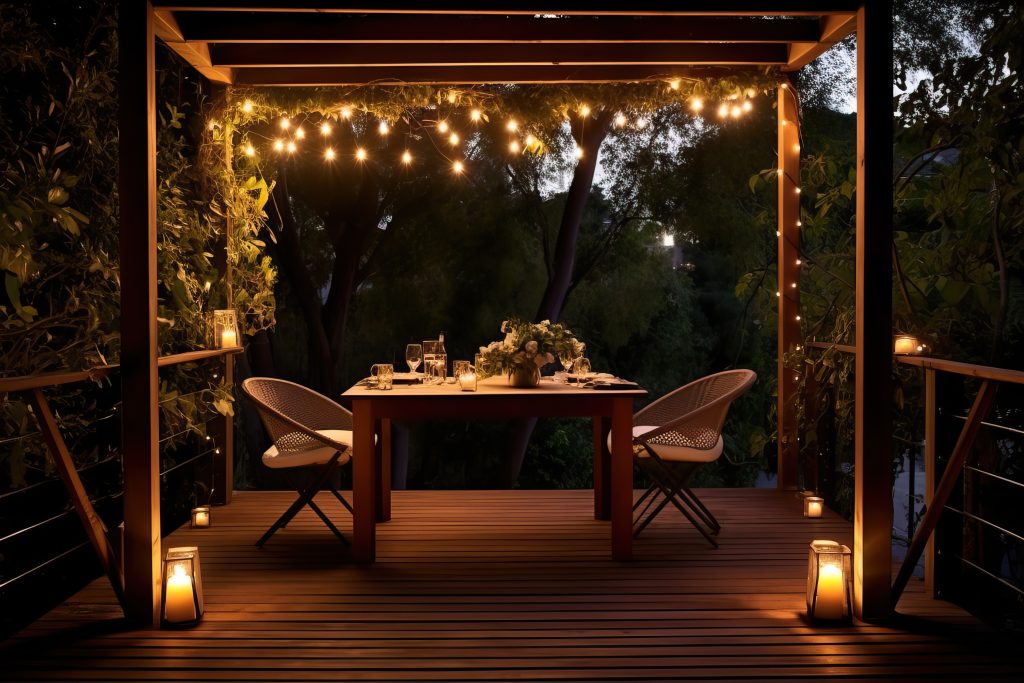 Fairy lights wrapped around pergola beams