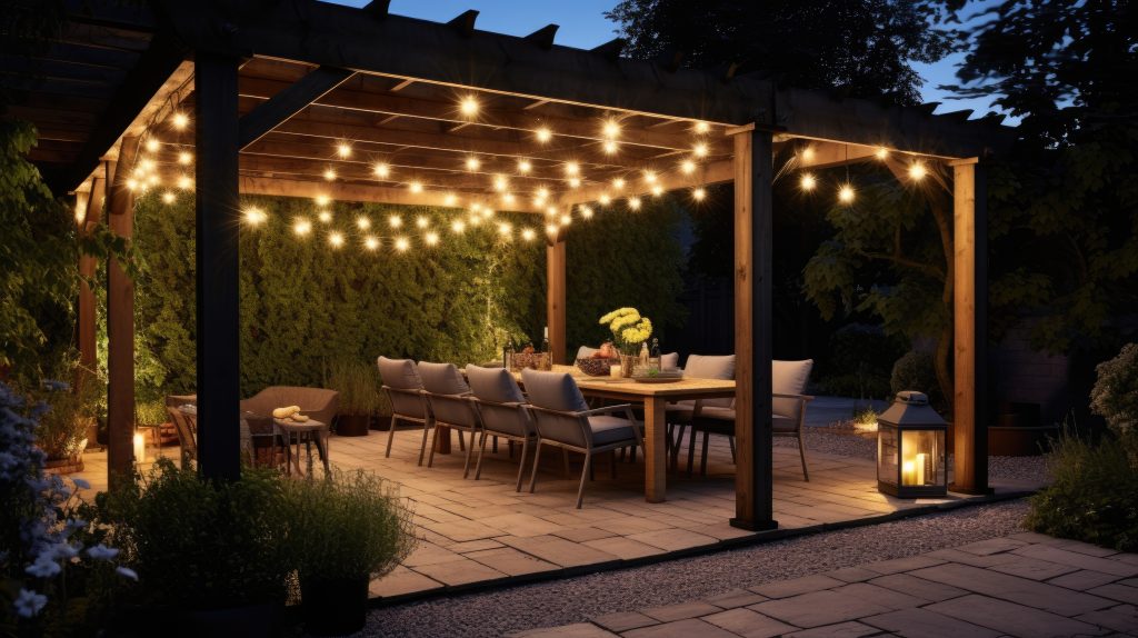String lights hanging from a pergola