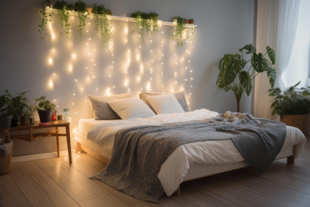 Fairy lights draped over a shelf