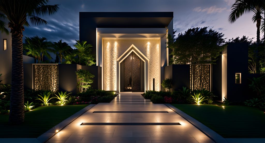 Walkway up to a house with pathway lighting