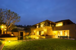 Modern building back garden with solar lighting