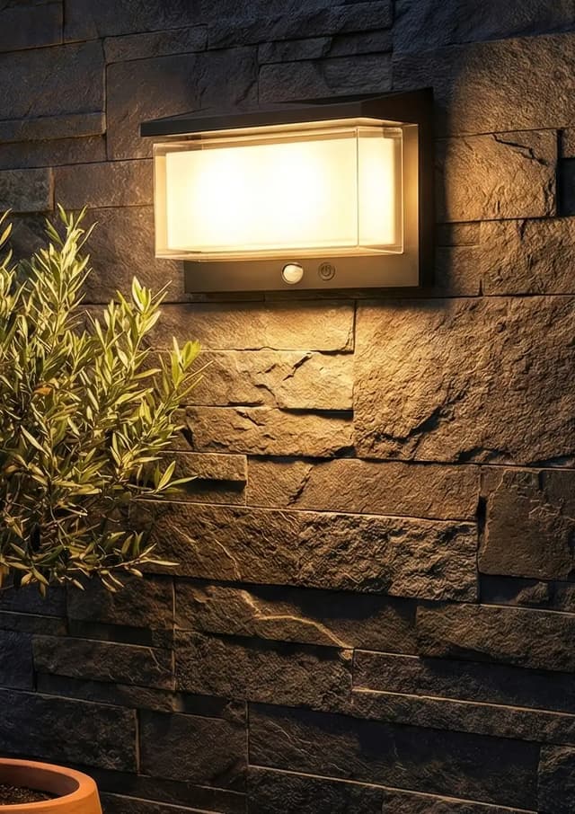 Woman enjoying a garden lit with solar lights at dusk