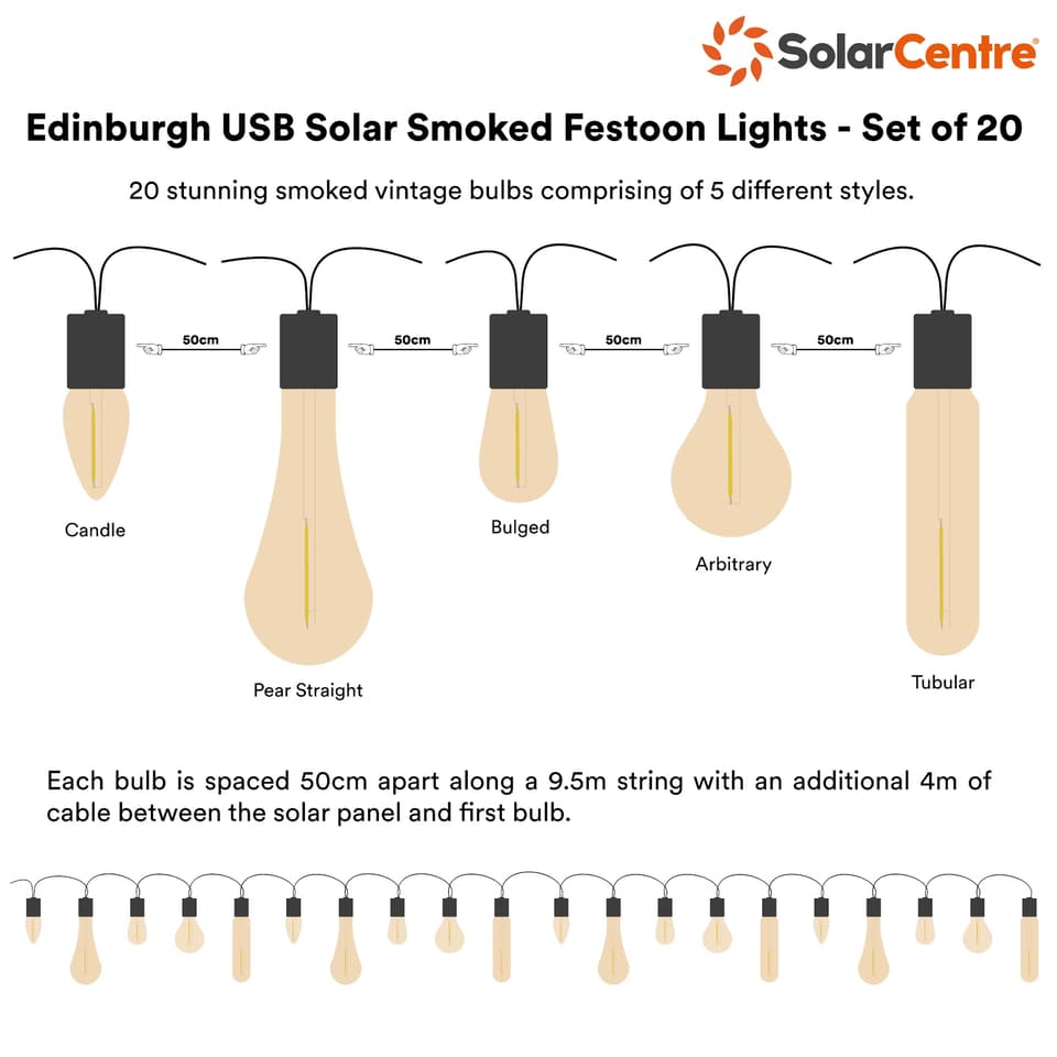 Edinburgh USB Solar Smoked Festoon Lights - Set Of 20 view 3