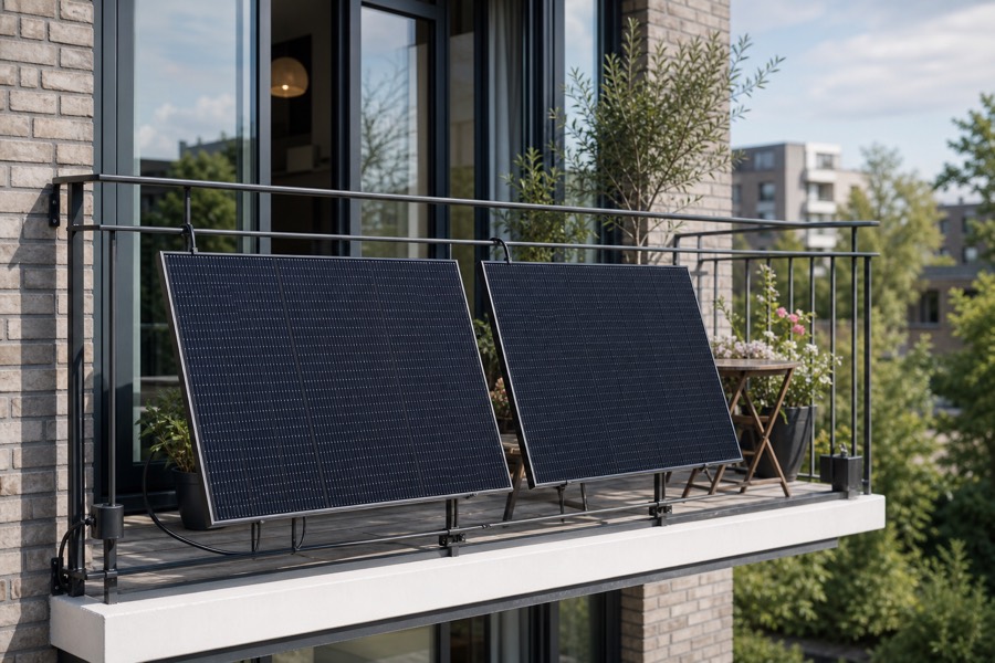 Balcony-style plug-in solar panels on a modern UK apartment balcony